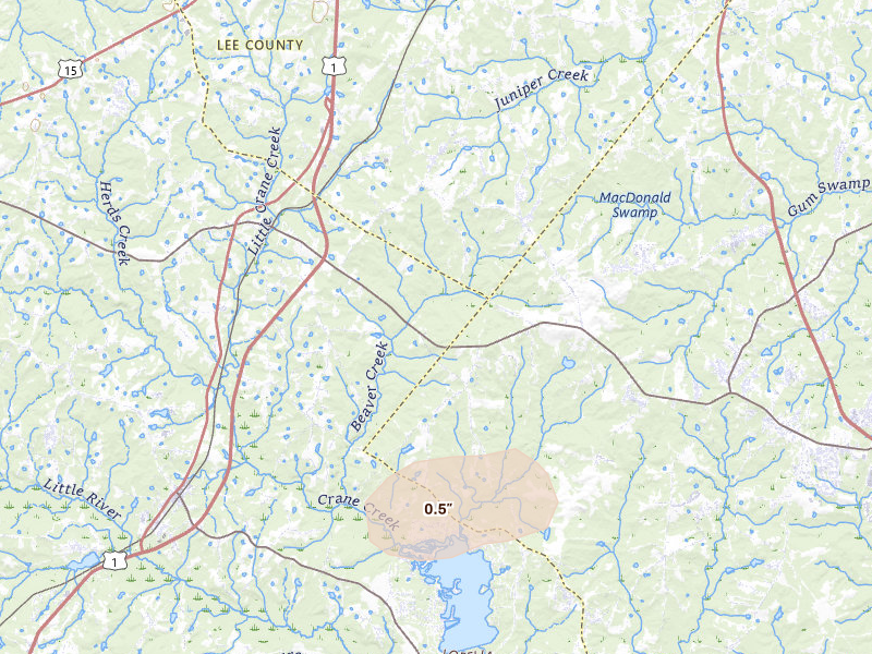 Radar-estimated hail-size map of the storm over Cameron, NC on Jul 20, 2026