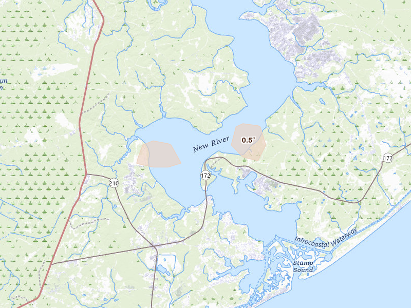 Radar-estimated hail-size map of the storm over Camp Lejeune, NC on Jun 28, 2026