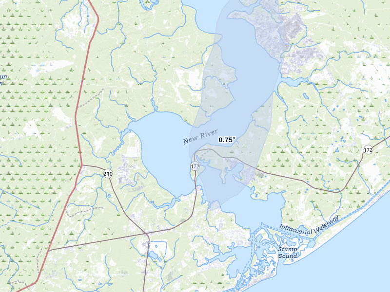 NEXRAD radar-signature map of the hail storm over Camp Lejeune, NC on Jun 28, 2026