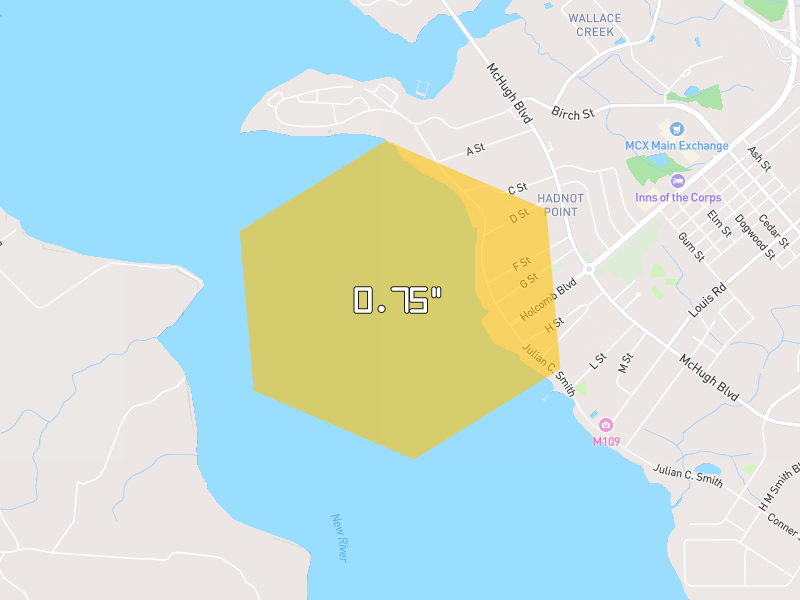Hail map of Camp Lejeune, NC on Jun 28, 2026, hail up to 0.75"