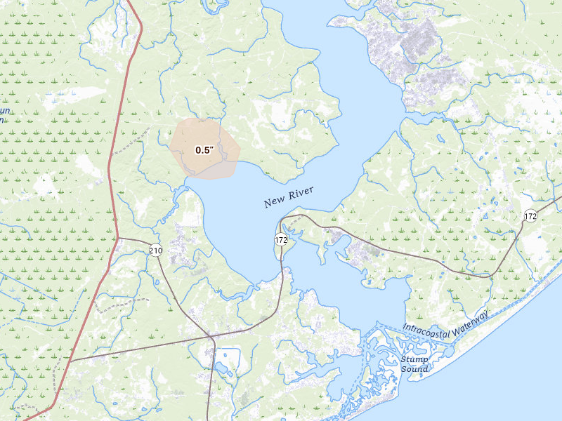 Radar-estimated hail-size map of the storm over Camp Lejeune, NC on Jul 12, 2026