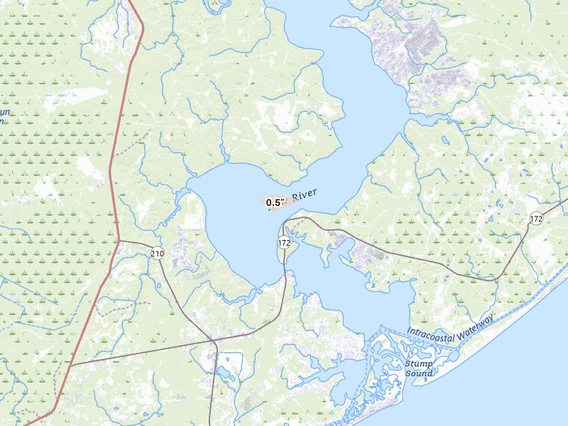 Radar-estimated hail-size map of the storm over Camp Lejeune, NC on Jul 19, 2026