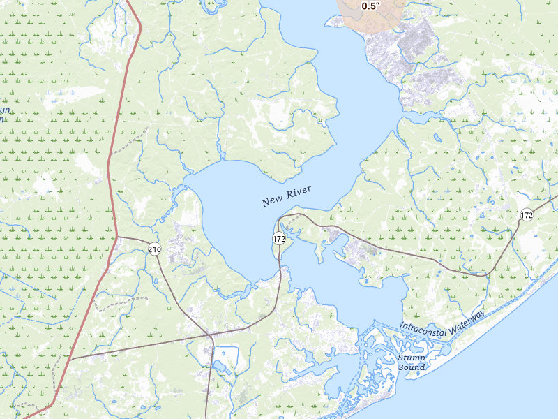 Radar-estimated hail-size map of the storm over Camp Lejeune, NC on Jul 28, 2026