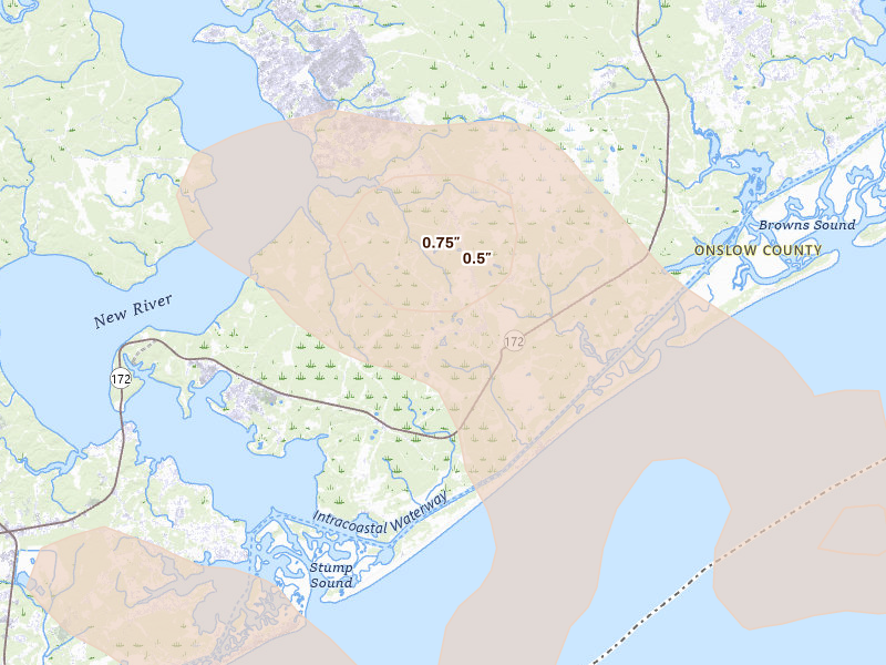 Radar-estimated hail-size map of the storm over Camp Lejeune, NC