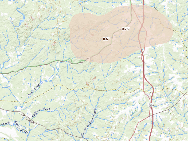 Radar-estimated hail-size map of the storm over Candor, NC on Jul 19, 2026