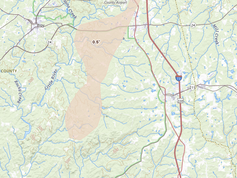 Radar-estimated hail-size map of the storm over Candor, NC on Aug 6, 2026