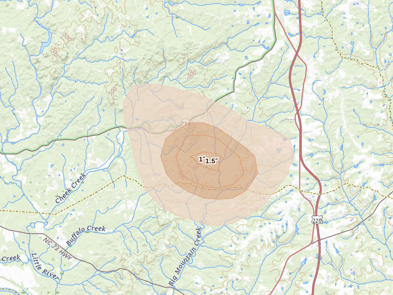 Radar-estimated hail-size map of the storm over Candor, NC on Aug 11, 2026