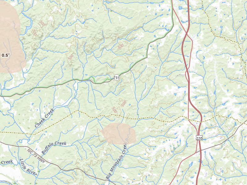 Radar-estimated hail-size map of the storm over Candor, NC