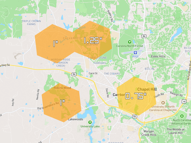 Hail map of Carrboro, NC on Jul 29, 2026, hail up to 1.25"
