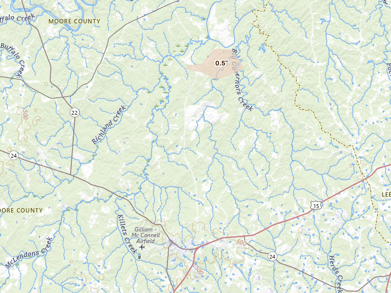Radar-estimated hail-size map of the storm over Carthage, NC on May 27, 2026