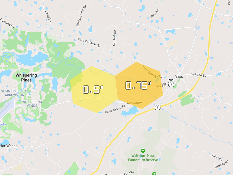 Hail map of Carthage, NC on Jul 5, 2026, hail up to 0.75"