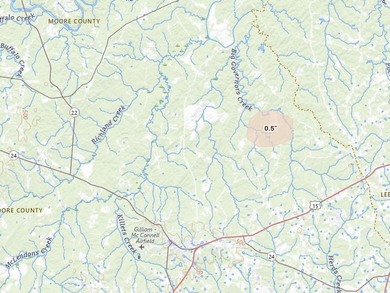 Radar-estimated hail-size map of the storm over Carthage, NC on Jul 7, 2026