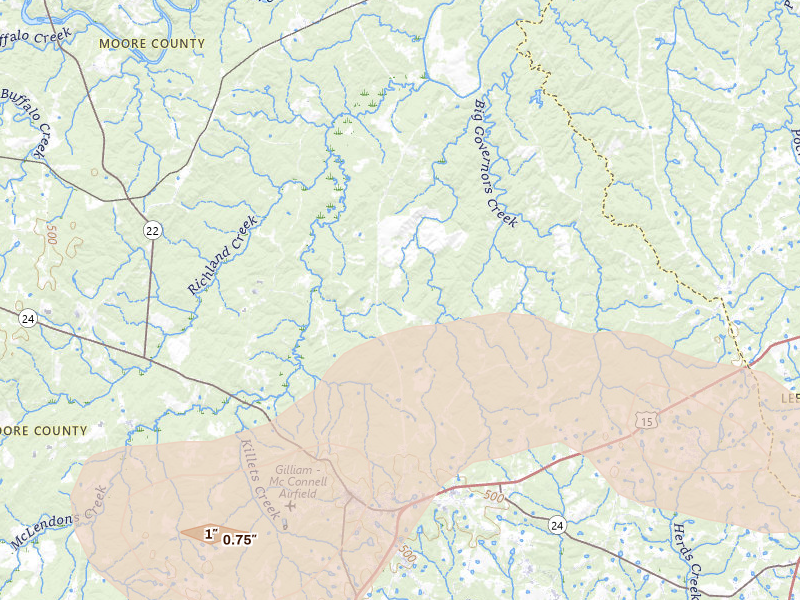 Radar-estimated hail-size map of the storm over Carthage, NC on Jul 19, 2026