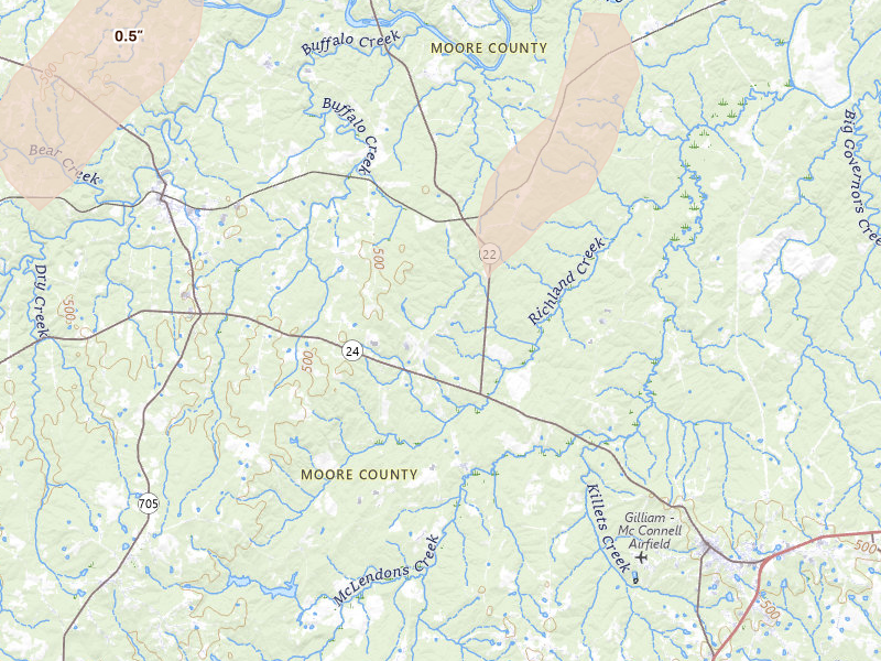 Radar-estimated hail-size map of the storm over Carthage, NC on Aug 6, 2026