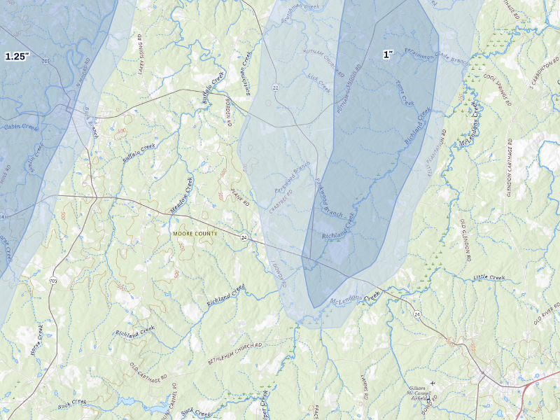 NEXRAD radar-signature map of the hail storm over Carthage, NC on Aug 6, 2026