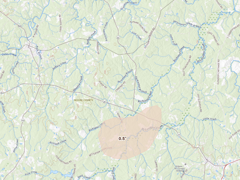 Radar-estimated hail-size map of the storm over Carthage, NC on Sep 18, 2026