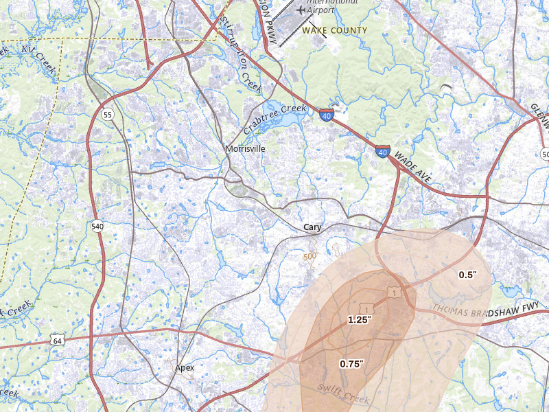 Radar-estimated hail-size map of the storm over Cary, NC on Jul 8, 2026