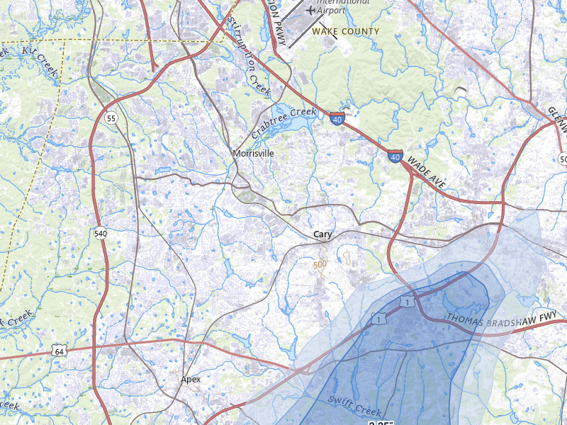 NEXRAD radar-signature map of the hail storm over Cary, NC on Jul 8, 2026