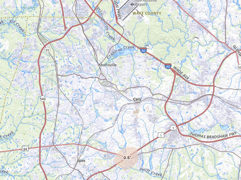 Radar-estimated hail-size map of the storm over Cary, NC on Jul 20, 2026