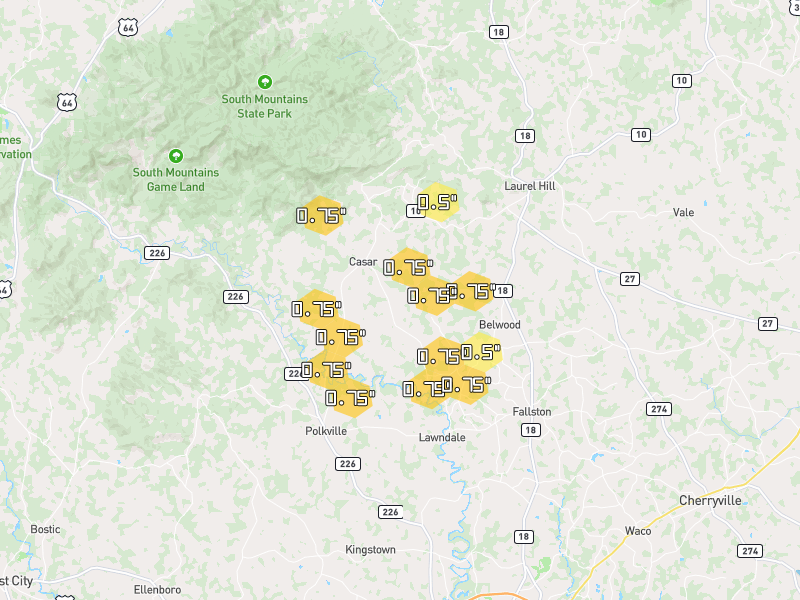 Hail map of Casar, NC on Jul 28, 2026, hail up to 0.75"