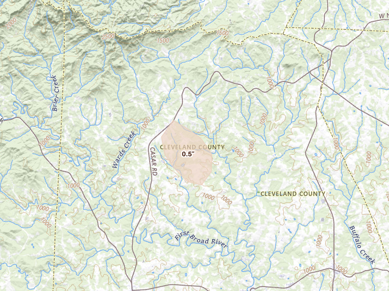 Radar-estimated hail-size map of the storm over Casar, NC on Aug 15, 2026