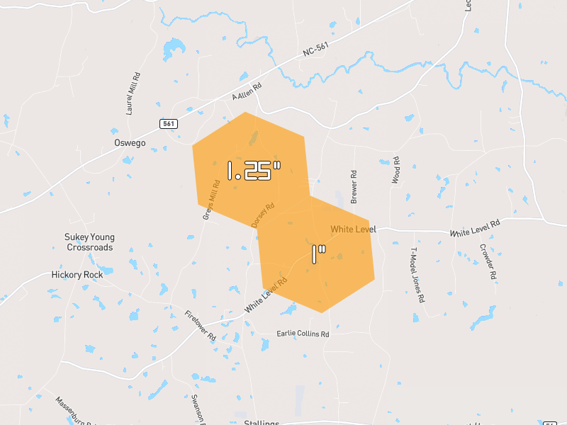 Hail map of Castalia, NC on Jul 9, 2026, hail up to 1.25"