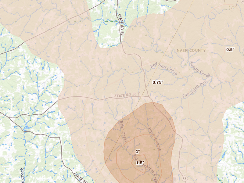 Radar-estimated hail-size map of the storm over Castalia, NC on Sep 4, 2026