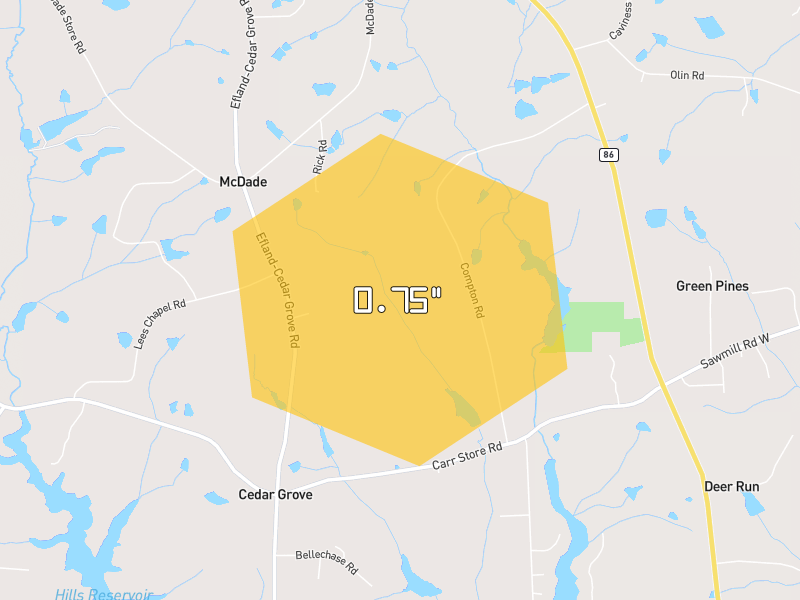 Hail map of Cedar Grove, NC on Jul 29, 2026, hail up to 0.75"
