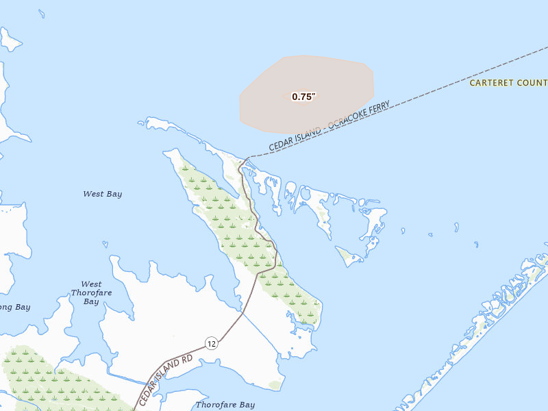 Radar-estimated hail-size map of the storm over Cedar Island, NC on Jun 12, 2026