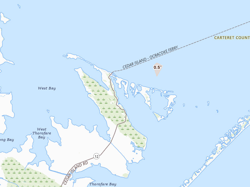 Radar-estimated hail-size map of the storm over Cedar Island, NC on Jun 28, 2026