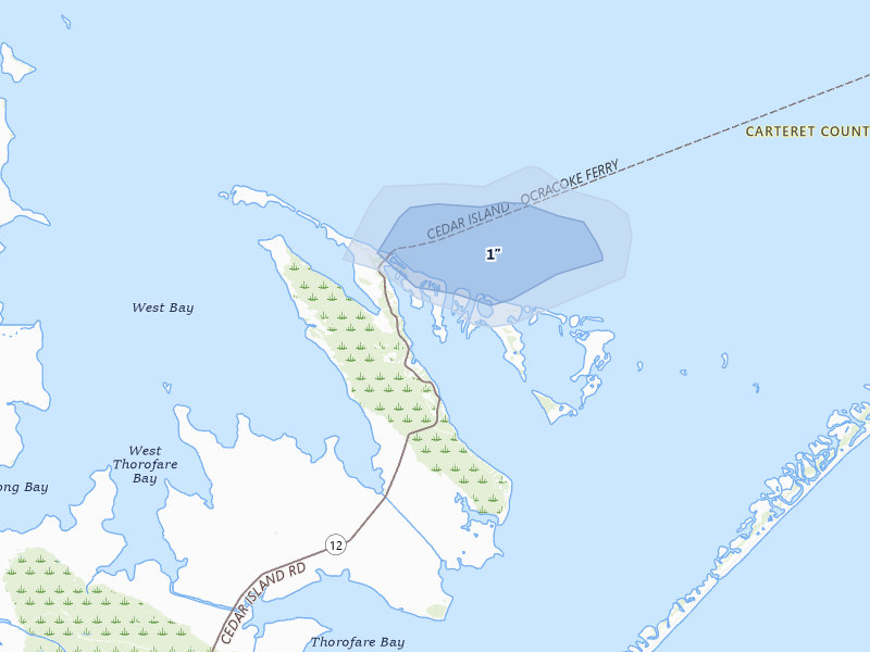 NEXRAD radar-signature map of the hail storm over Cedar Island, NC on Jun 28, 2026