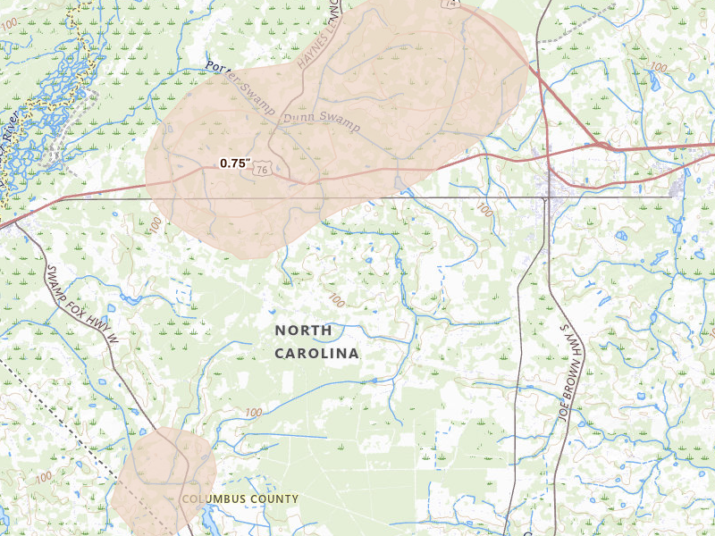 Radar-estimated hail-size map of the storm over Cerro Gordo, NC on Jul 6, 2026