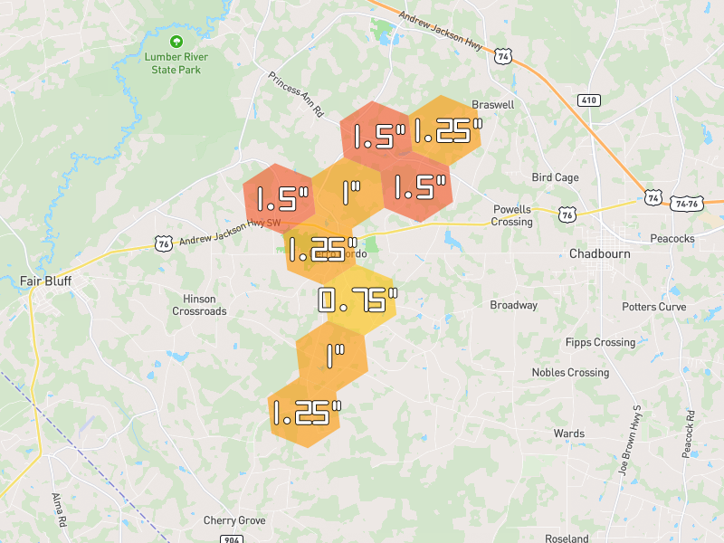 Hail map of Cerro Gordo, NC on Jul 6, 2026, hail up to 1.5"