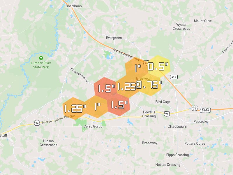 Hail map of Chadbourn, NC on Jul 6, 2026, hail up to 1.5"