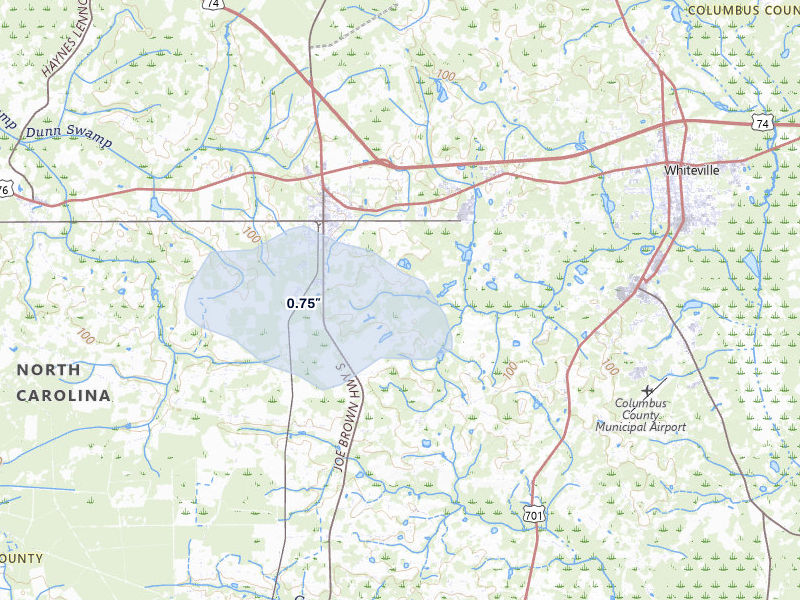 NEXRAD radar-signature map of the hail storm over Chadbourn, NC on Jul 7, 2026