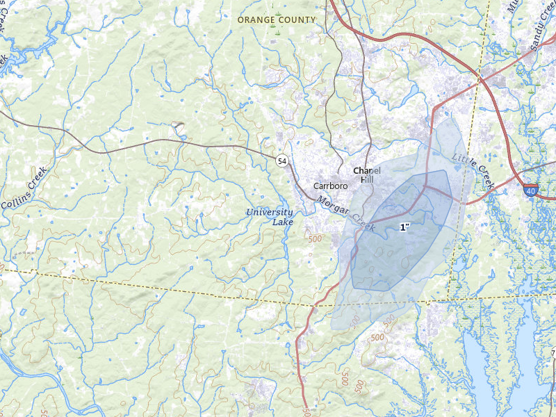 NEXRAD radar-signature map of the hail storm over Chapel Hill, NC on Jul 5, 2026