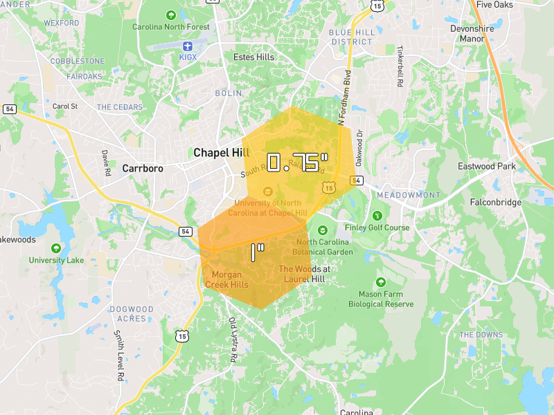 Hail map of Chapel Hill, NC on Jul 5, 2026, hail up to 1"