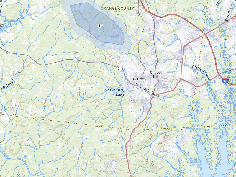 NEXRAD radar-signature map of the hail storm over Chapel Hill, NC on Jul 6, 2026