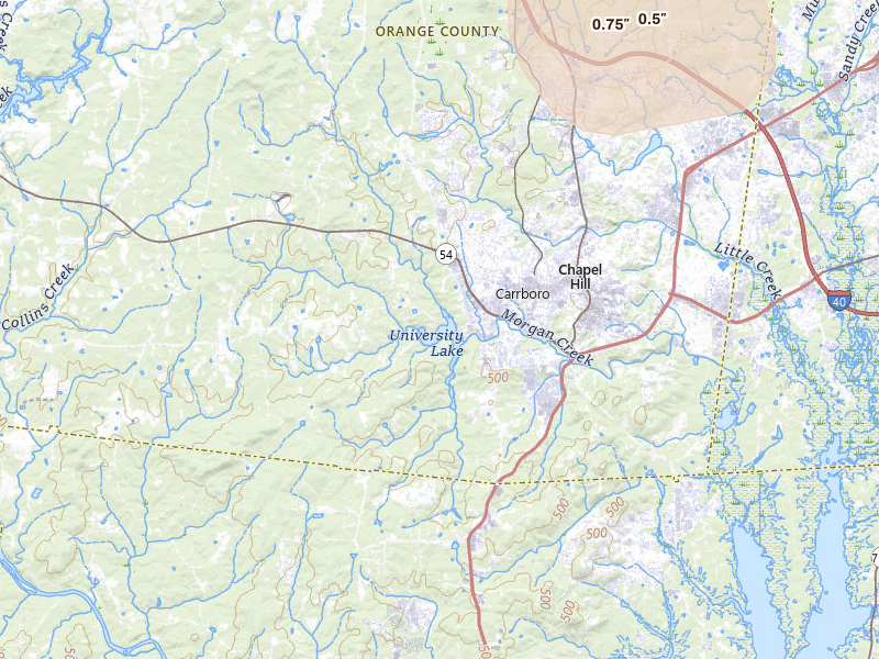 Radar-estimated hail-size map of the storm over Chapel Hill, NC on Jul 7, 2026