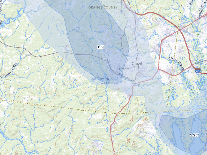 NEXRAD radar-signature map of the hail storm over Chapel Hill, NC on Jul 28, 2026