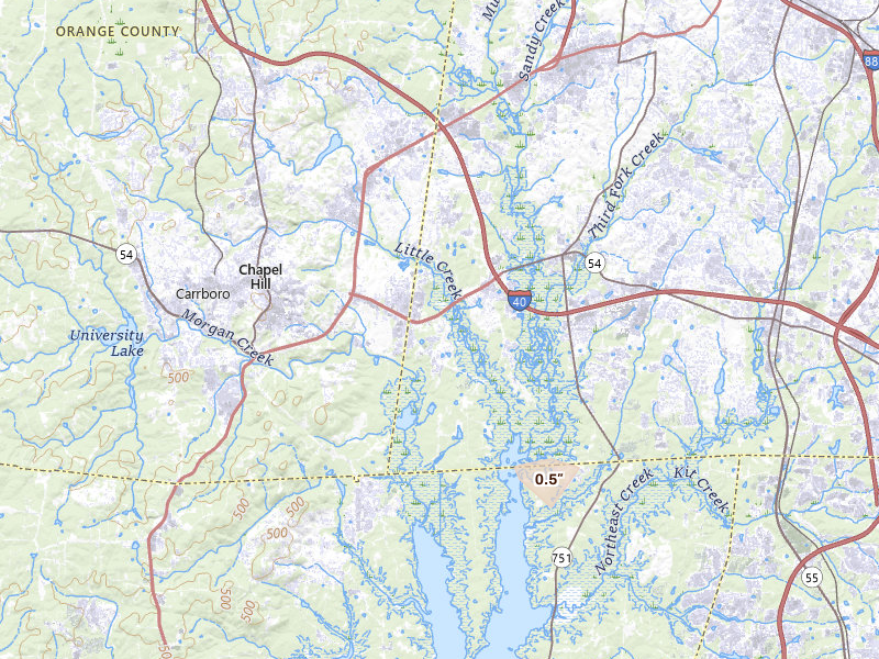 Radar-estimated hail-size map of the storm over Chapel Hill, NC on Aug 8, 2026