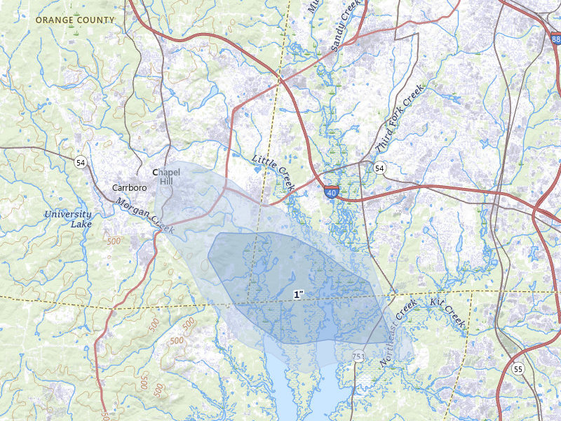 NEXRAD radar-signature map of the hail storm over Chapel Hill, NC on Aug 8, 2026
