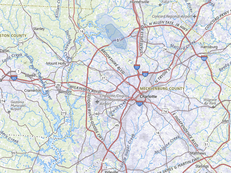 NEXRAD radar-signature map of the hail storm over Charlotte, NC on Jul 5, 2026