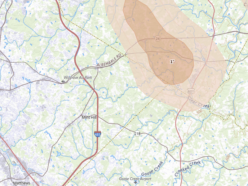 Radar-estimated hail-size map of the storm over Charlotte, NC on Aug 11, 2026