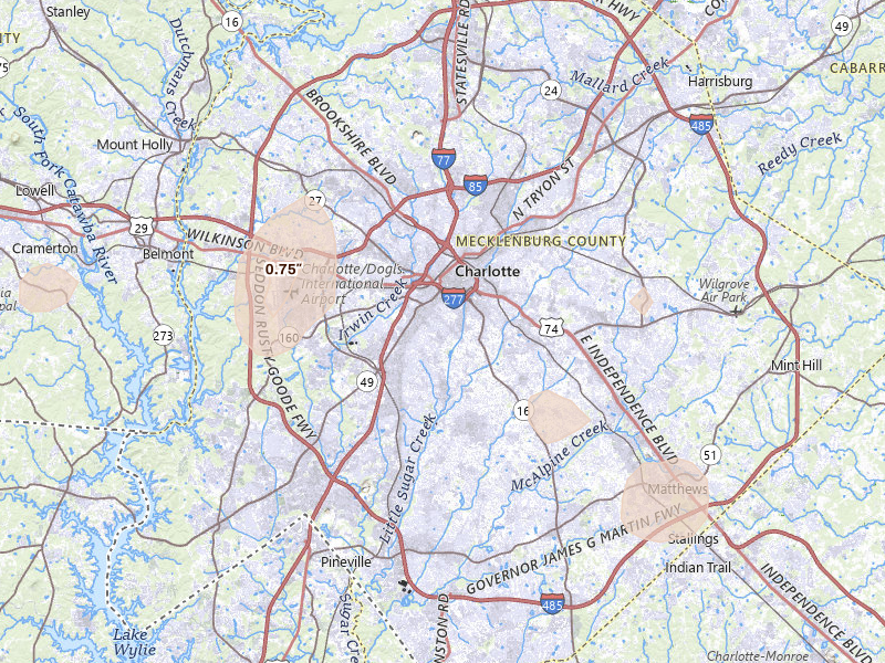 Radar-estimated hail-size map of the storm over Charlotte, NC on Aug 20, 2026
