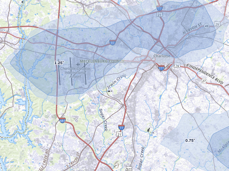 NEXRAD radar-signature map of the hail storm over Charlotte, NC on Aug 20, 2026