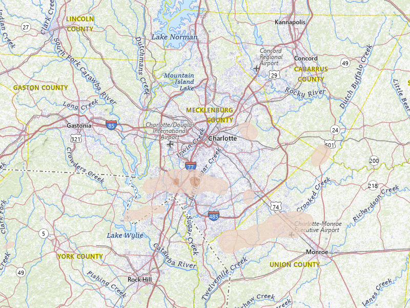 Radar-estimated hail-size map of the storm over Charlotte, NC on Aug 21, 2026
