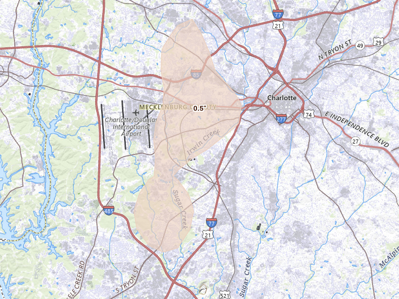 Radar-estimated hail-size map of the storm over Charlotte, NC on Aug 28, 2026