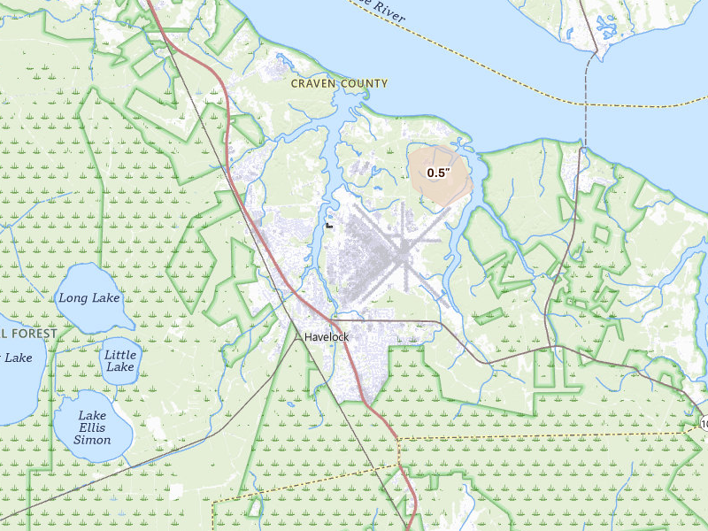 Radar-estimated hail-size map of the storm over Cherry Point, NC