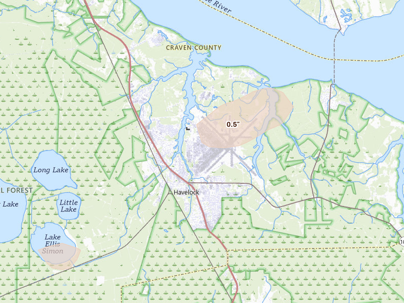 Radar-estimated hail-size map of the storm over Cherry Point, NC on Jun 28, 2026